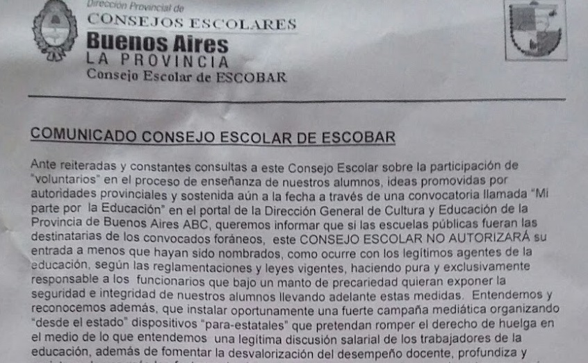 El Consejo Escolar de Escobar no aceptará a los «voluntarios» de Vidal